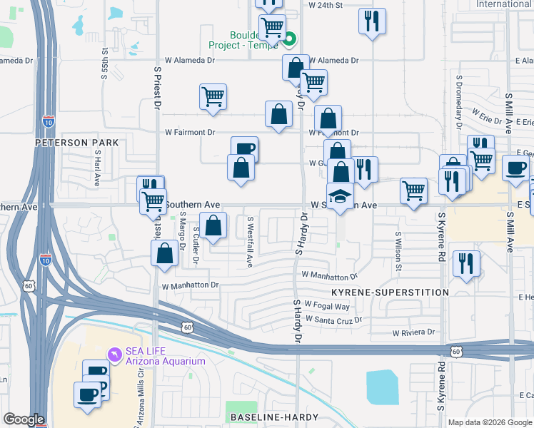 map of restaurants, bars, coffee shops, grocery stores, and more near 1090 West Southern Avenue in Tempe