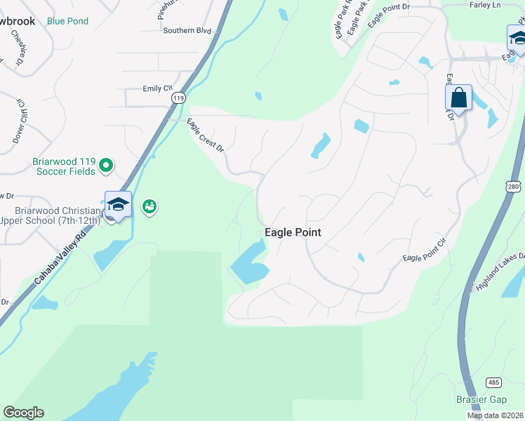 map of restaurants, bars, coffee shops, grocery stores, and more near 4986 Eagle Crest Road in Birmingham