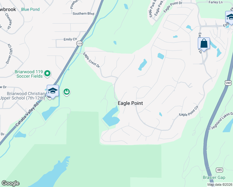 map of restaurants, bars, coffee shops, grocery stores, and more near 4986 Eagle Crest Road in Birmingham