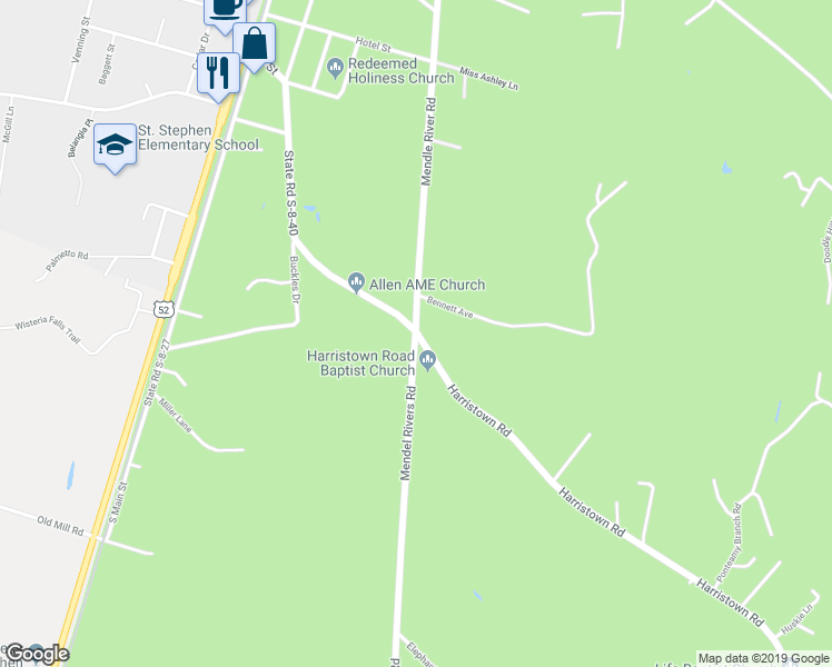 map of restaurants, bars, coffee shops, grocery stores, and more near 2234 Mendel Rivers Road in Saint Stephen