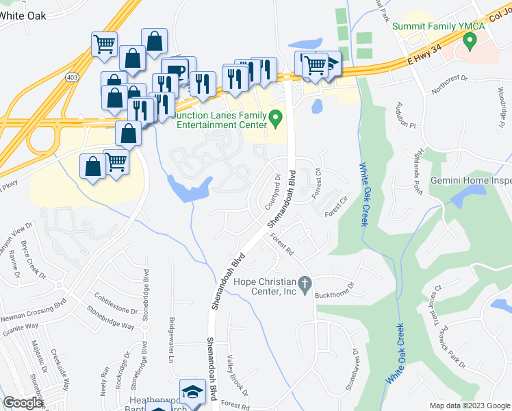 map of restaurants, bars, coffee shops, grocery stores, and more near 175 Courtyard Lane in Newnan