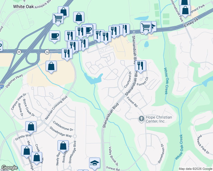 map of restaurants, bars, coffee shops, grocery stores, and more near 2500 Lakeside Way in Newnan