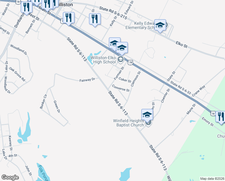 map of restaurants, bars, coffee shops, grocery stores, and more near 3860 Barnwell Road in Williston