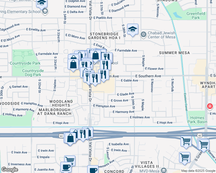 map of restaurants, bars, coffee shops, grocery stores, and more near 3707 East Southern Avenue in Mesa