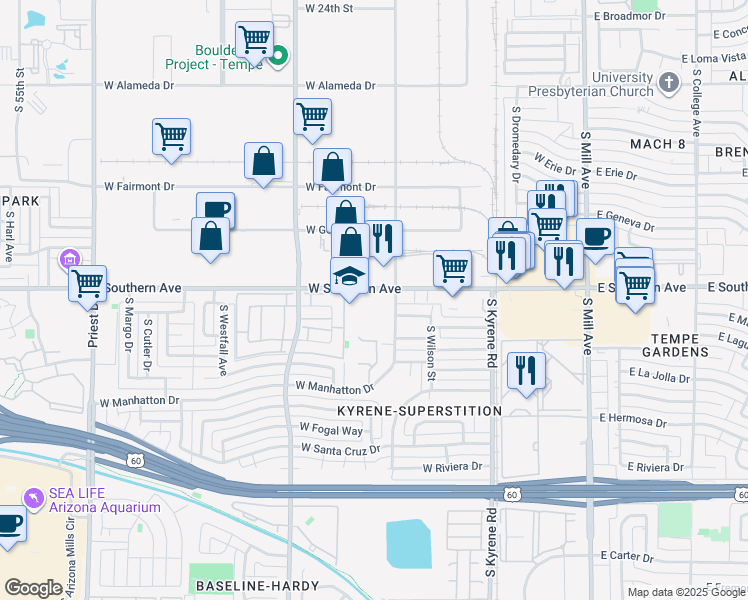 map of restaurants, bars, coffee shops, grocery stores, and more near 633 West Southern Avenue in Tempe