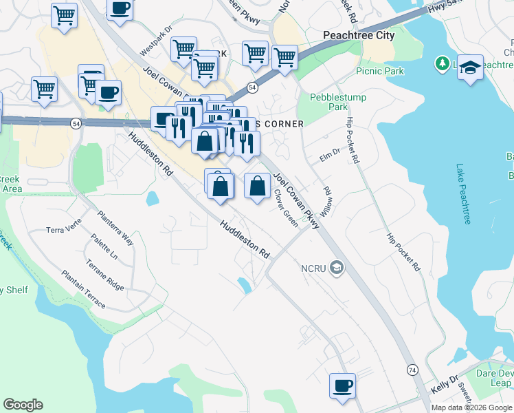 map of restaurants, bars, coffee shops, grocery stores, and more near 210 Clover Reach in Peachtree City