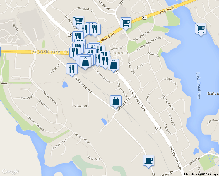 map of restaurants, bars, coffee shops, grocery stores, and more near 245 Clover Reach in Peachtree City