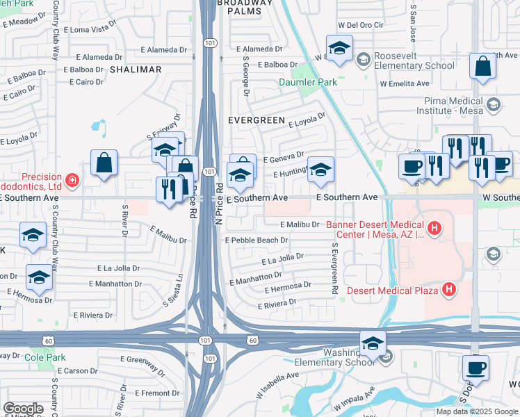 map of restaurants, bars, coffee shops, grocery stores, and more near 2333 East Southern Avenue in Tempe