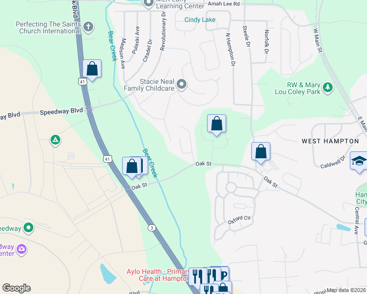 map of restaurants, bars, coffee shops, grocery stores, and more near 1152 Oak Hollow Court in Hampton
