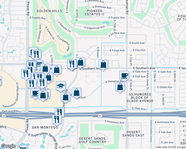 map of restaurants, bars, coffee shops, grocery stores, and more near 7311 East Southern Avenue in Mesa