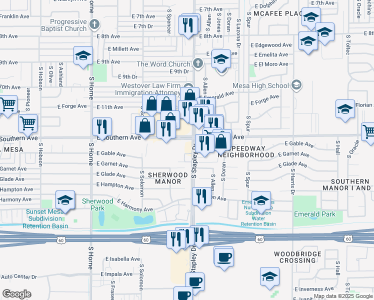 map of restaurants, bars, coffee shops, grocery stores, and more near in Mesa