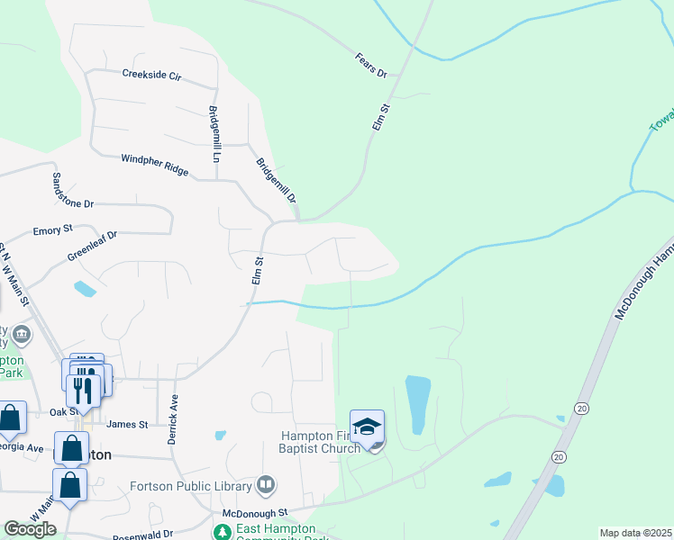 map of restaurants, bars, coffee shops, grocery stores, and more near 308 Lacebark Lane in Hampton