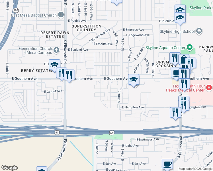 map of restaurants, bars, coffee shops, grocery stores, and more near 1255 South Rialto in Mesa