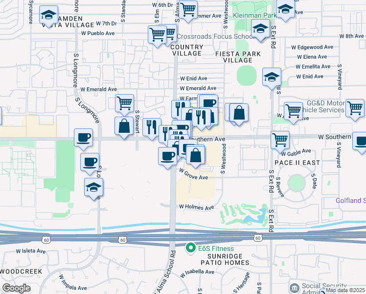 map of restaurants, bars, coffee shops, grocery stores, and more near 1201 West Southern Avenue in Mesa