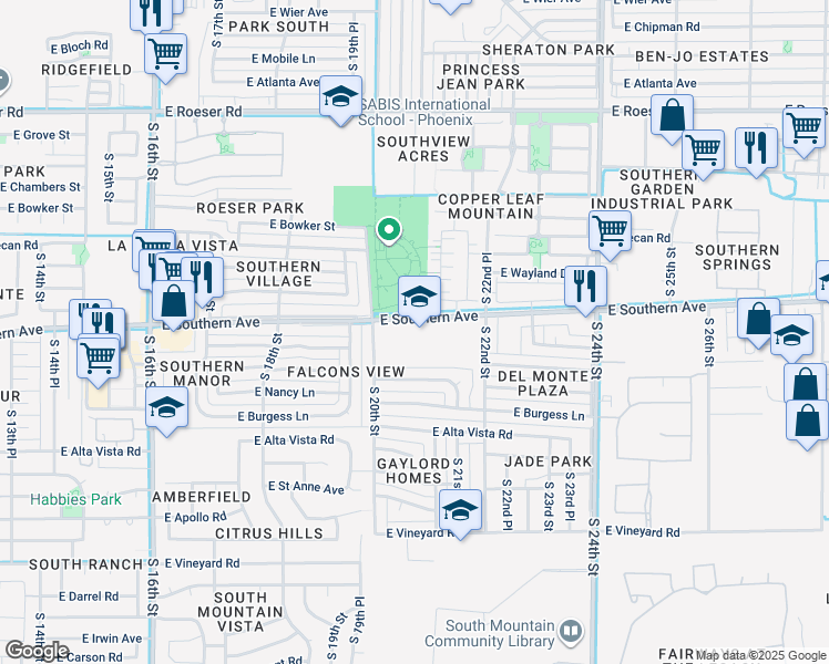 map of restaurants, bars, coffee shops, grocery stores, and more near 2033 East Southern Avenue in Phoenix