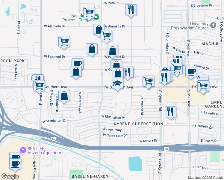 map of restaurants, bars, coffee shops, grocery stores, and more near 950 West Southern Avenue in Tempe