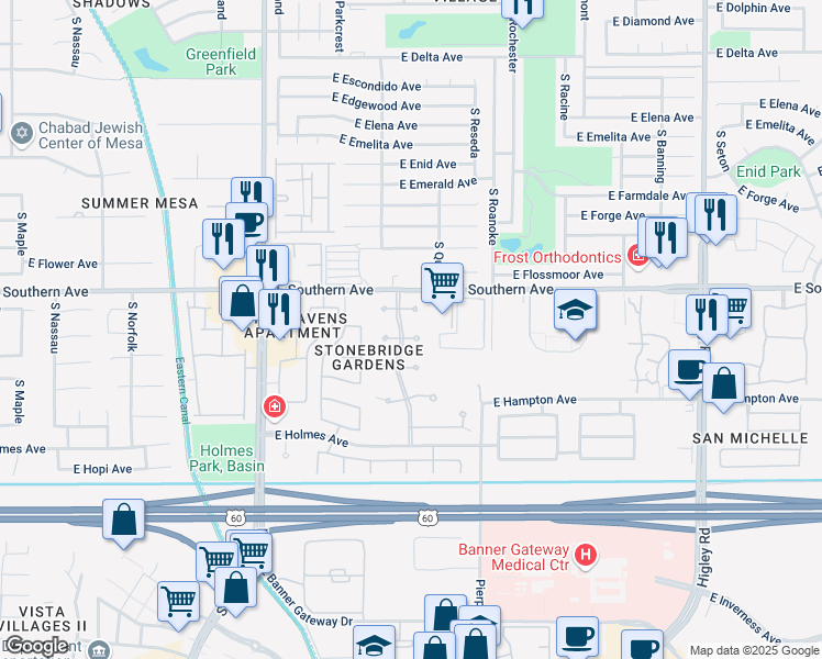 map of restaurants, bars, coffee shops, grocery stores, and more near 4657 East Gable Circle in Mesa