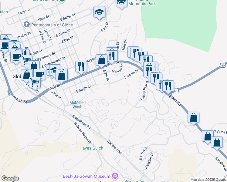 map of restaurants, bars, coffee shops, grocery stores, and more near 1300 East South Street in Globe