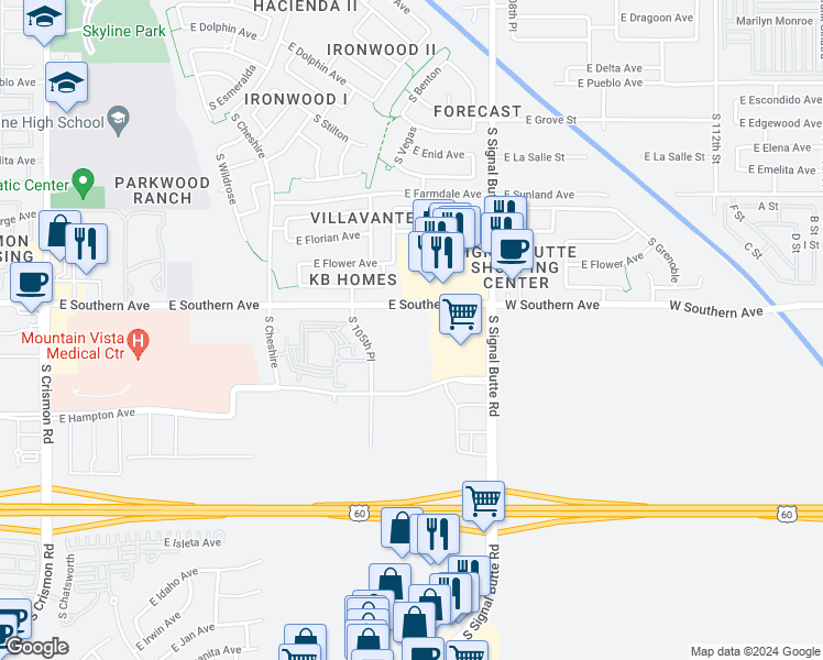 map of restaurants, bars, coffee shops, grocery stores, and more near 38841-39463 East Southern Avenue in Mesa