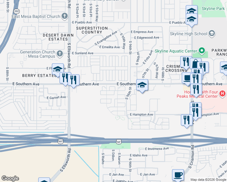 map of restaurants, bars, coffee shops, grocery stores, and more near 1255 South Rialto in Mesa