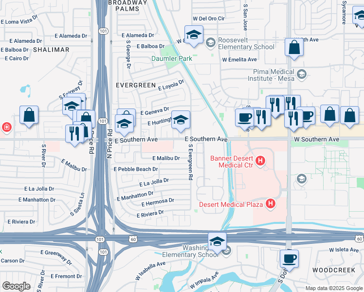 map of restaurants, bars, coffee shops, grocery stores, and more near in Tempe