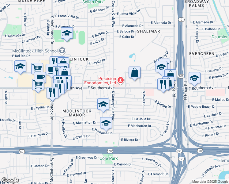 map of restaurants, bars, coffee shops, grocery stores, and more near in Tempe