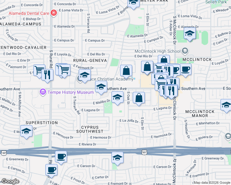 map of restaurants, bars, coffee shops, grocery stores, and more near 1260 East Southern Avenue in Tempe