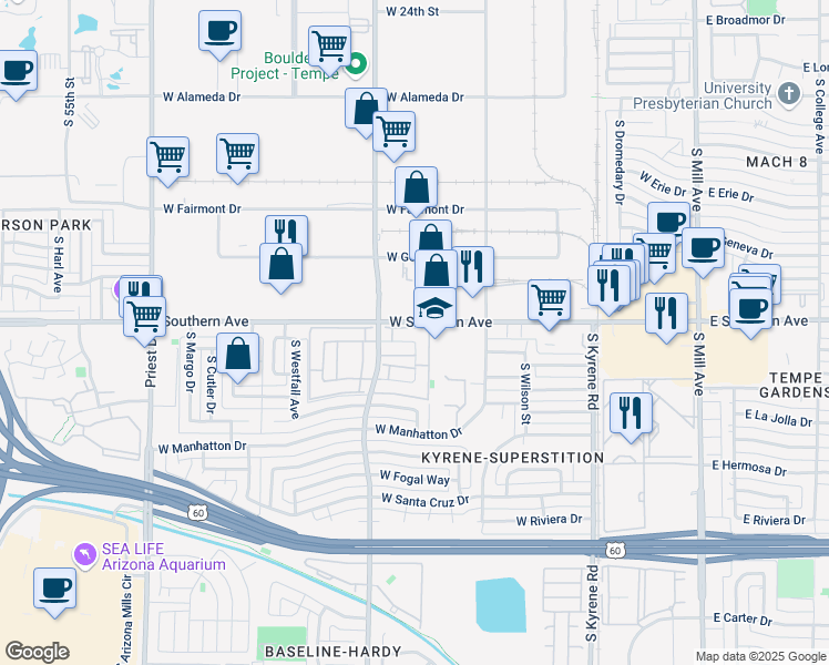 map of restaurants, bars, coffee shops, grocery stores, and more near 950 West Southern Avenue in Tempe
