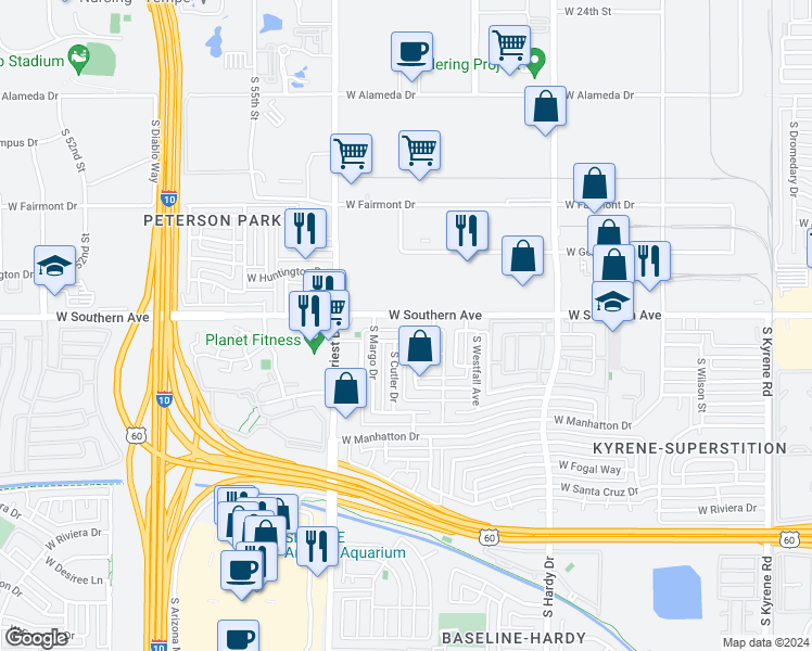 map of restaurants, bars, coffee shops, grocery stores, and more near 1241 West Southern Avenue in Tempe