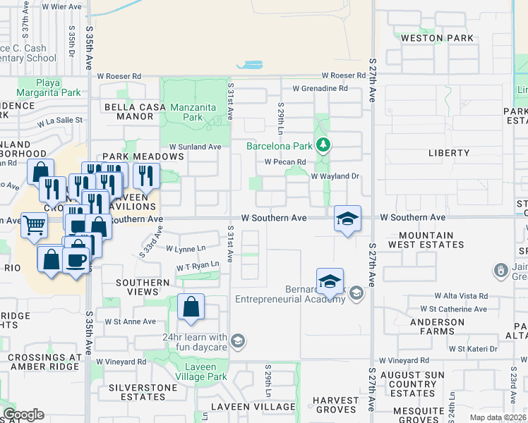 map of restaurants, bars, coffee shops, grocery stores, and more near 3016 West Kowalsky Lane in Phoenix