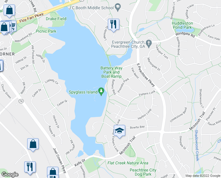 map of restaurants, bars, coffee shops, grocery stores, and more near 120 Battery Way in Peachtree City