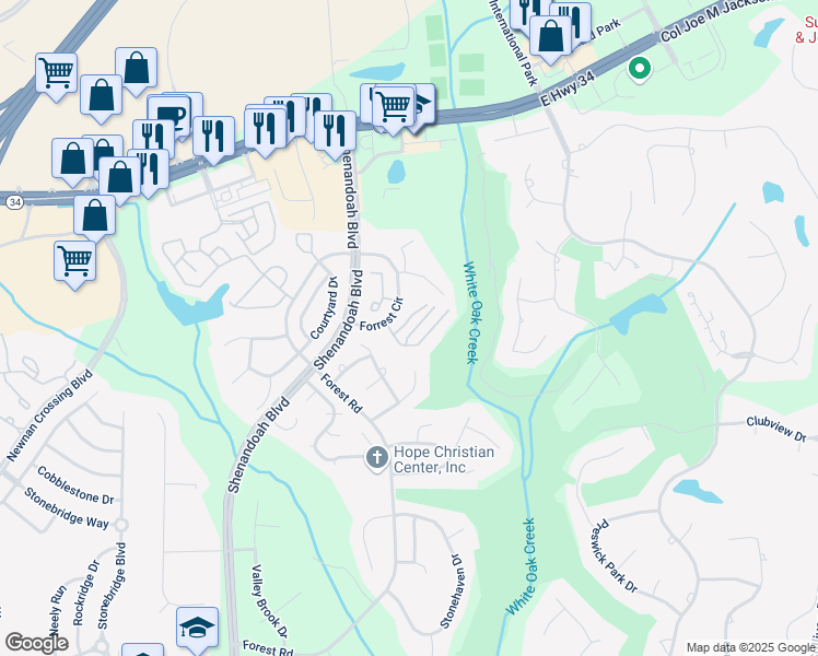map of restaurants, bars, coffee shops, grocery stores, and more near 22 Forest Circle in Newnan