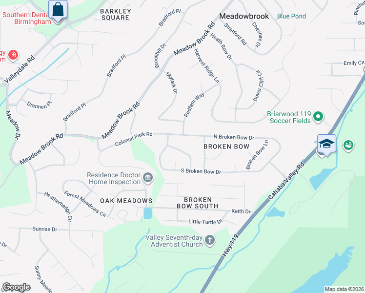 map of restaurants, bars, coffee shops, grocery stores, and more near 3287 N Broken Bow Dr in Birmingham