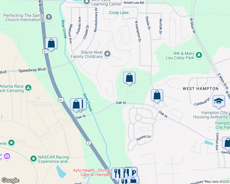 map of restaurants, bars, coffee shops, grocery stores, and more near 1114 Oak Hollow Lane in Hampton