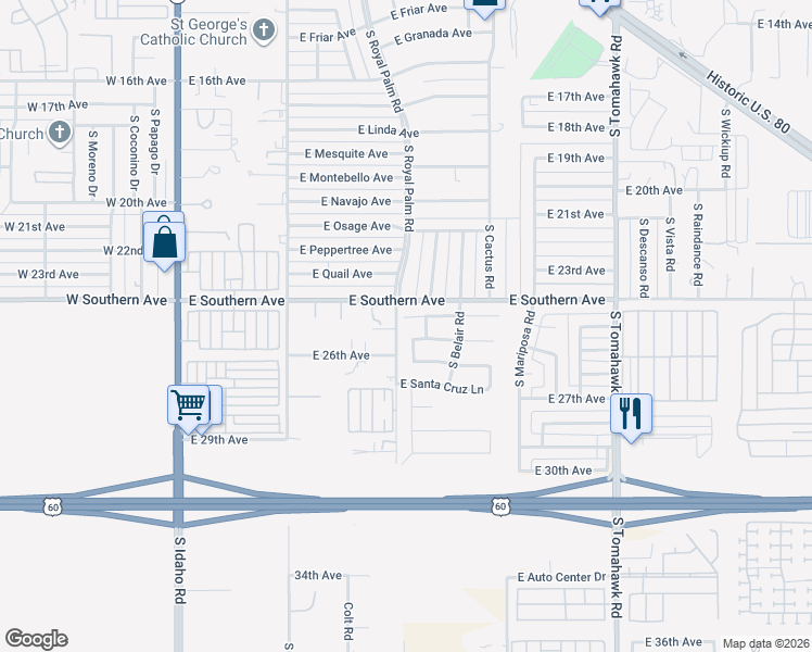 map of restaurants, bars, coffee shops, grocery stores, and more near 822 East Yuma Avenue in Apache Junction
