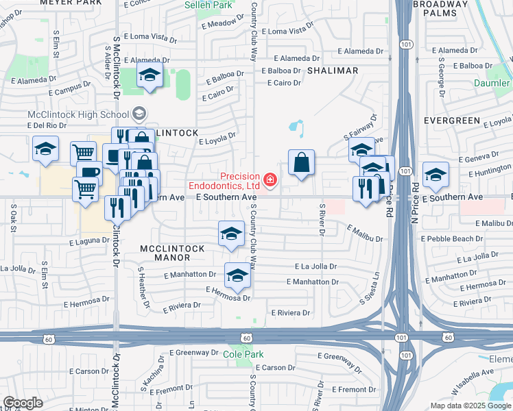 map of restaurants, bars, coffee shops, grocery stores, and more near in Tempe