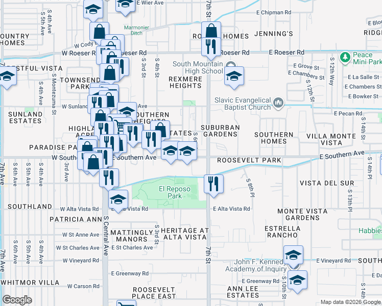 map of restaurants, bars, coffee shops, grocery stores, and more near 5831 South 5th Street in Phoenix