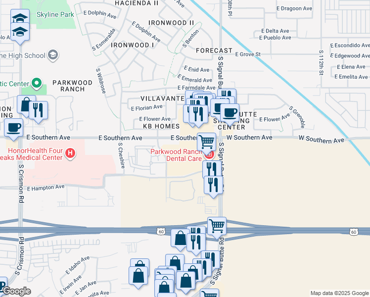map of restaurants, bars, coffee shops, grocery stores, and more near 38841-39463 East Southern Avenue in Mesa