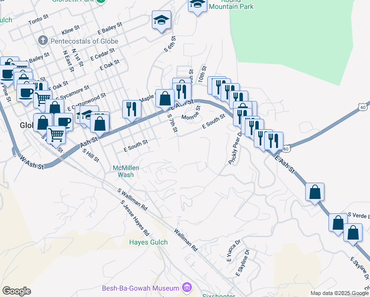 map of restaurants, bars, coffee shops, grocery stores, and more near 1300 East South Street in Globe