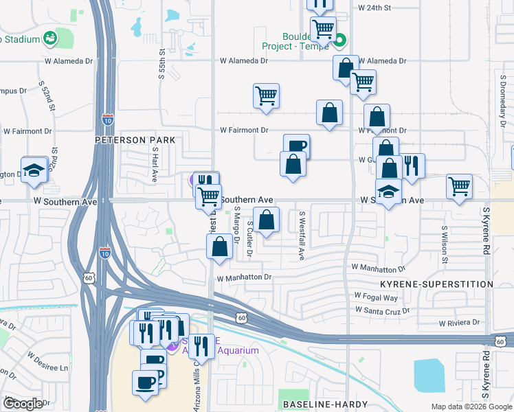map of restaurants, bars, coffee shops, grocery stores, and more near 1241 West Southern Avenue in Tempe