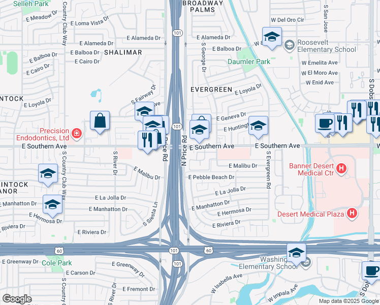map of restaurants, bars, coffee shops, grocery stores, and more near 2301 East Southern Avenue in Tempe