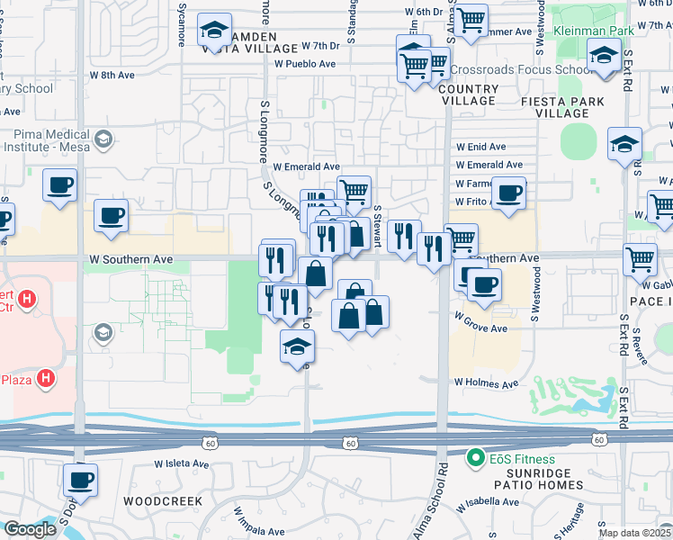 map of restaurants, bars, coffee shops, grocery stores, and more near 1420 West Southern Avenue in Mesa
