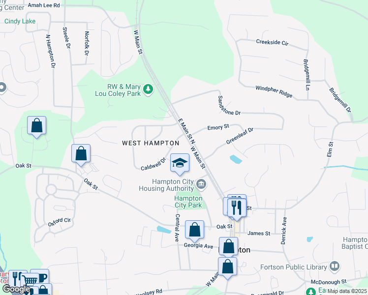 map of restaurants, bars, coffee shops, grocery stores, and more near 185 Caldwell Drive in Hampton
