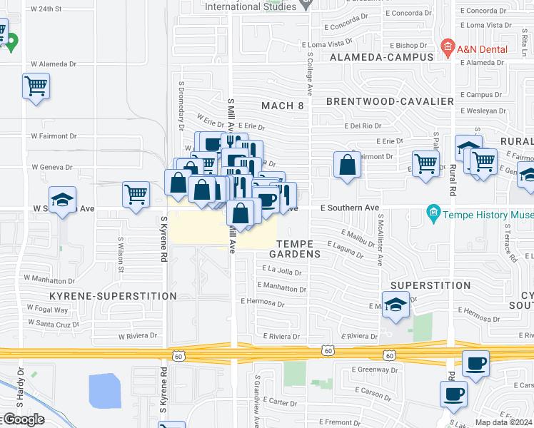 map of restaurants, bars, coffee shops, grocery stores, and more near 125 East Southern Avenue in Tempe