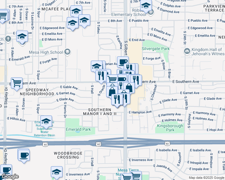 map of restaurants, bars, coffee shops, grocery stores, and more near 1230 South Gilbert Road in Mesa