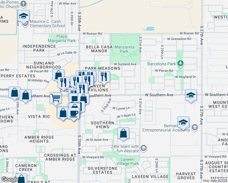 map of restaurants, bars, coffee shops, grocery stores, and more near 3498 West Southern Avenue in Phoenix