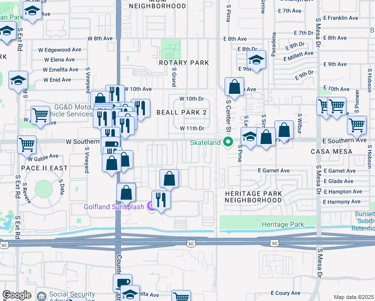 map of restaurants, bars, coffee shops, grocery stores, and more near 89 West Southern Avenue in Mesa