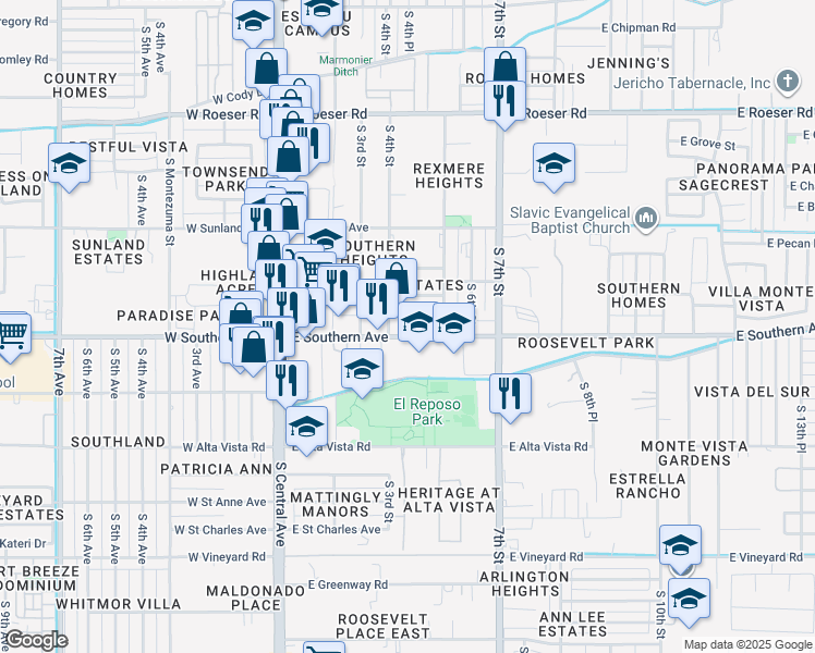 map of restaurants, bars, coffee shops, grocery stores, and more near 438 East Southern Avenue in Phoenix