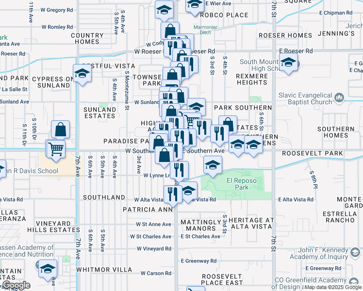 map of restaurants, bars, coffee shops, grocery stores, and more near 5847 South Central Avenue in Phoenix