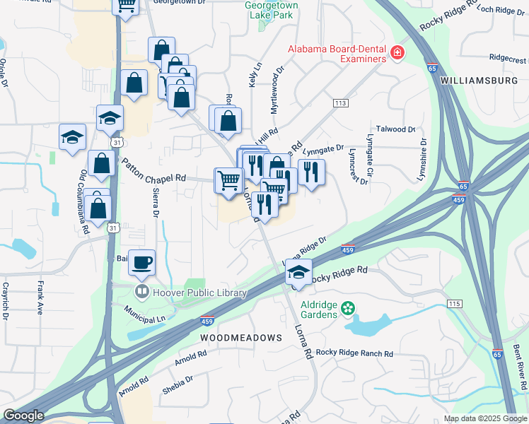map of restaurants, bars, coffee shops, grocery stores, and more near 3325 Lorna Road in Hoover